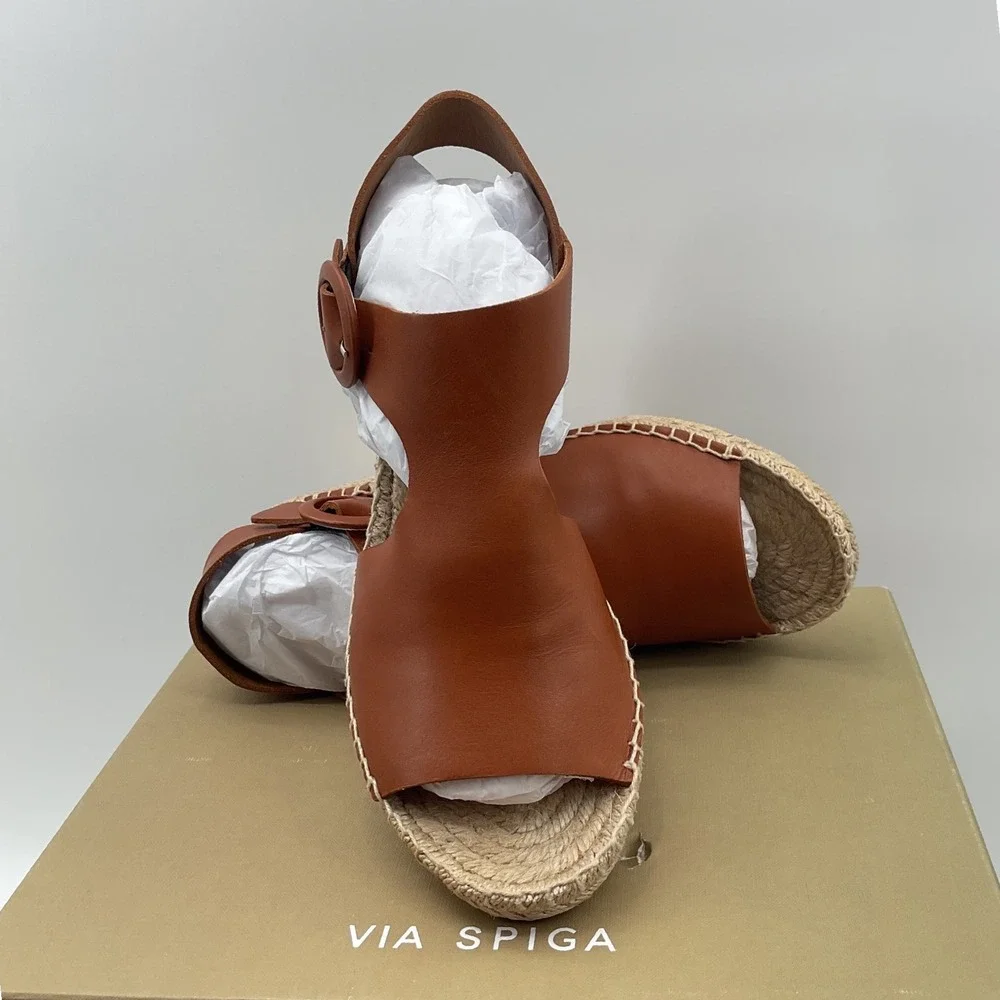 Via‎ Spiga Tan Brown Leather Espadrille Wedge Sandals Platform Buckle Open Toe